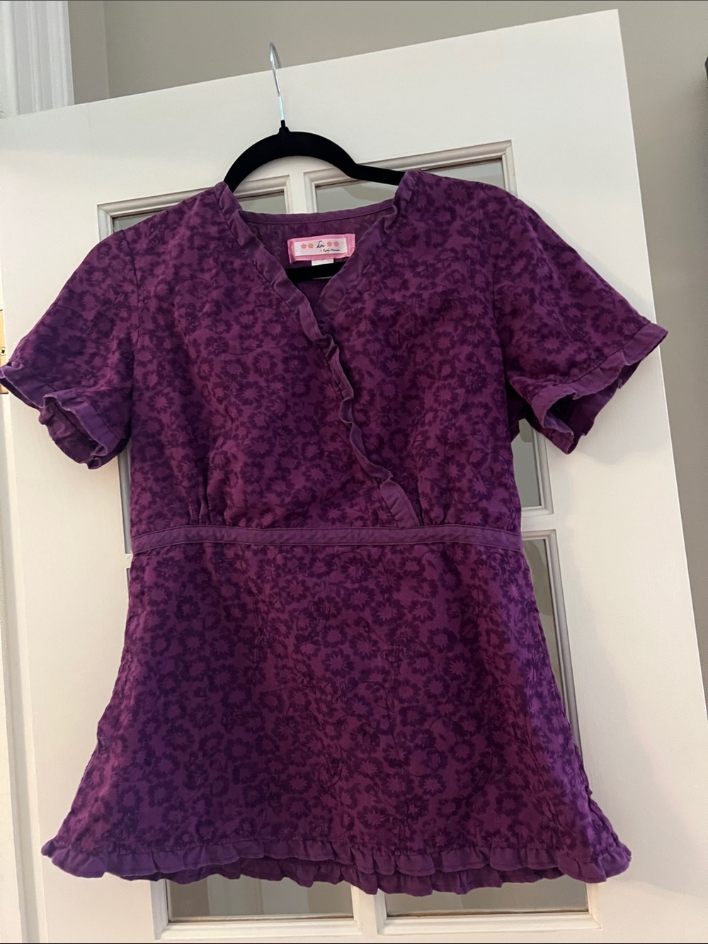 Koi Purple Eyelet Ruffled Scrub Top